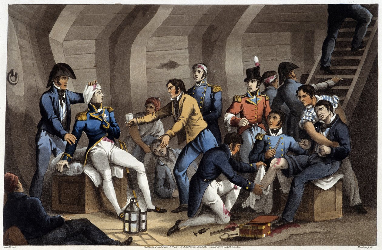 एडवर्ड ओरमे द्वारा "" ऐतिहासिक, सैन्य और नौसैनिक उपाख्यानों और घटनाओं में कुकपिट, जो ग्रेट ब्रिटेन और उनके सहयोगियों की बाहों में पहुंचे, वाटरलू में समाप्त हुए। फ्राई, सदरलैंड, क्लार्क, डबॉर्ग, डब्ल्यू.हार्ट, जेए, एटकिंसन द्वारा बीमार... एड। 1819 द्वारा अंग्रेजी स्कूल