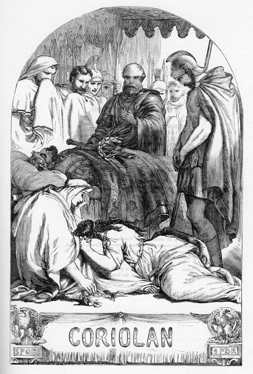 Coriolan (Coriolanus) - "" कंप्लीट्स डी विलियम शेक्सपियर"" में चित्रण 1866 - इस संस्करण के चित्र और सामान्य रूप लंदन में प्रकाशित कैसेल के सचित्र शेक्सपियर से उधार लिए गए हैं द्वारा अंग्रेजी स्कूल