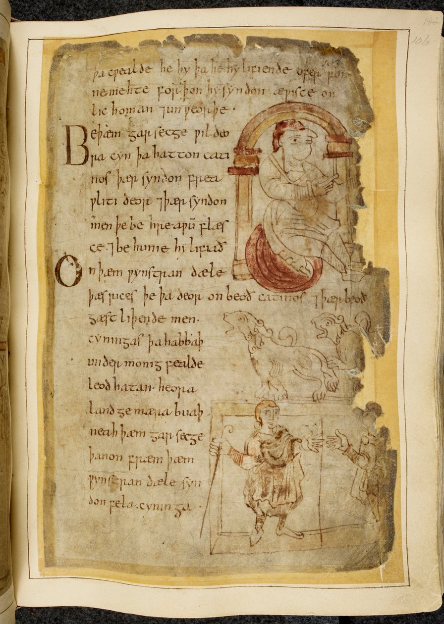 कॉटन विटेलियस ए. XV f.106r, एक मेहराब के नीचे एक तकिये पर बैठा हुआ आदमी; दो कैटिनी, कुत्तों जैसे खुले मुंह वाले जानवर; एक लबादा पहने हुए आदमी ने एक छड़ी पकड़ी हुई है, जो दूसरे आदमी की ओर हाथ बढ़ा रहा है, बियोवुल्फ़ से चित्रण, #39;नोवेल कोडेक्स#39; से (चर्म द्वारा अंग्रेजी स्कूल