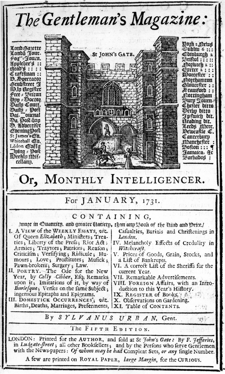 द जेंटलमैन पत्रिका के पहले संस्करण का कवर, जनवरी 1731 में प्रकाशित हुआ द्वारा अंग्रेजी स्कूल