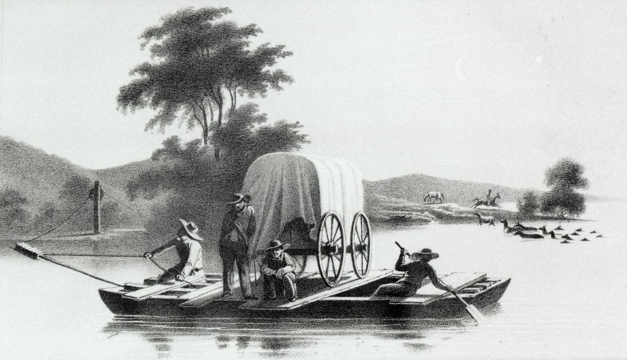 1852 में प्रकाशित हावर्ड स्टैंसबरी द्वारा यूटा के ग्रेट साल्ट लेक की घाटी के अन्वेषण और सर्वेक्षण से हिरण क्रीक के पठार के मुंह का पार द्वारा अंग्रेजी स्कूल