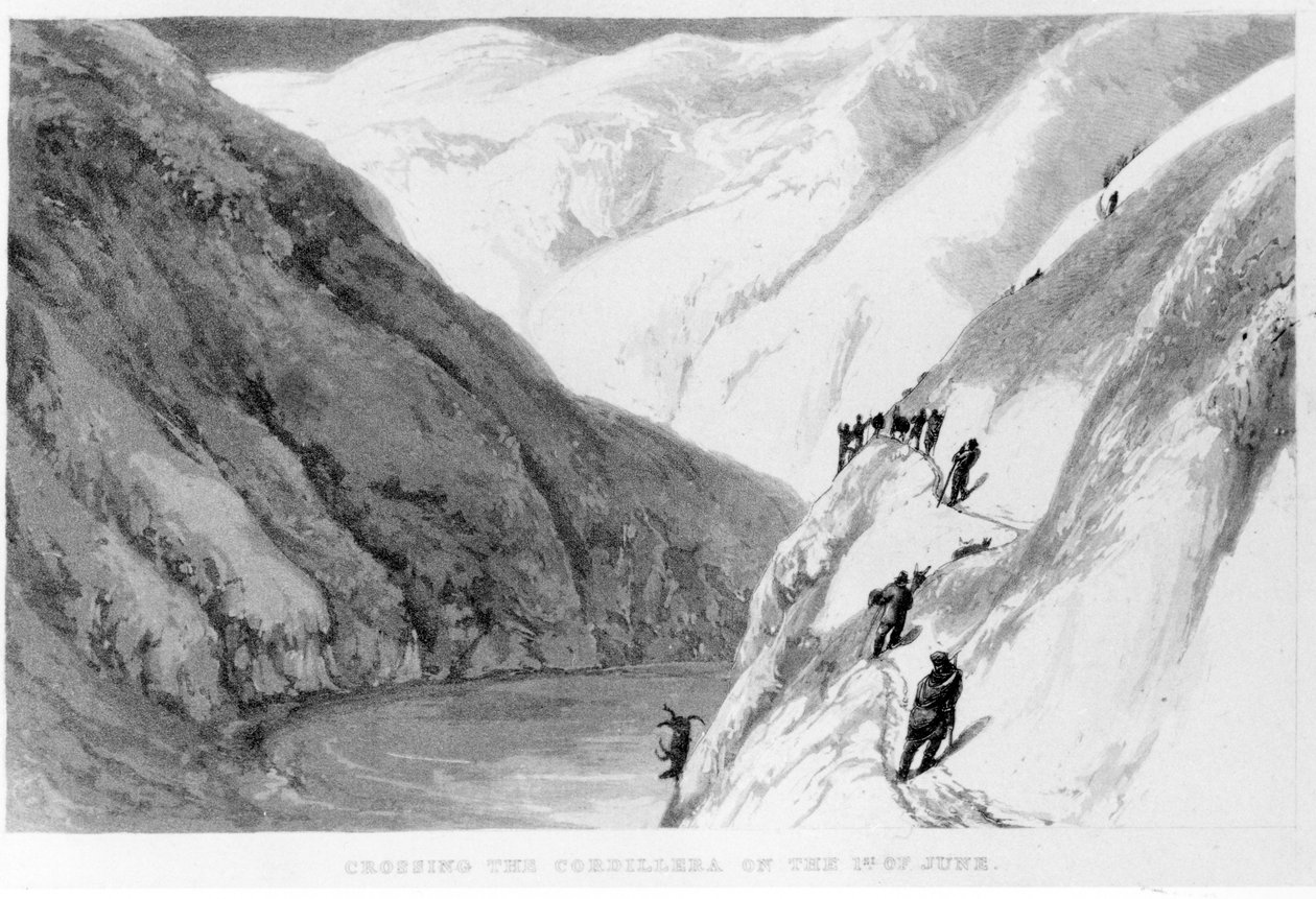 1 जून को कॉर्डिलेरा को पार करते हुए, 1825 में अलेक्जेंडर कैलड्यूग द्वारा दक्षिण अमेरिका में यात्रा से द्वारा अंग्रेजी स्कूल