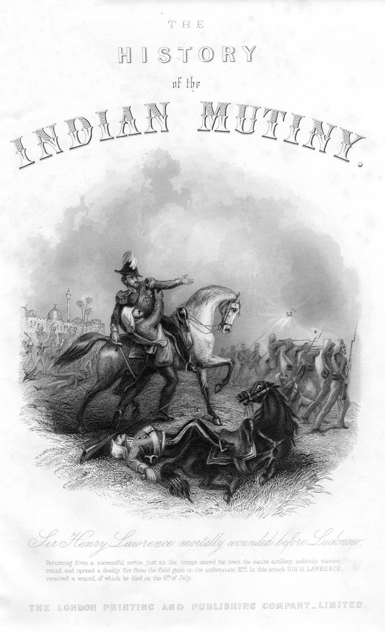 1858 में प्रकाशित द हिस्ट्री ऑफ द इंडियन म्यूटी से सर हेनरी मॉन्टगोमरी लॉरेंस की मृत्यु द्वारा अंग्रेजी स्कूल