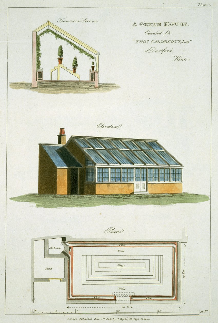 एक ग्रीन हाउस के लिए डिजाइन, 1806 में डार्टफोर्ड, केंट में थॉमस कैल्डकोट के लिए निष्पादित किया गया द्वारा अंग्रेजी स्कूल