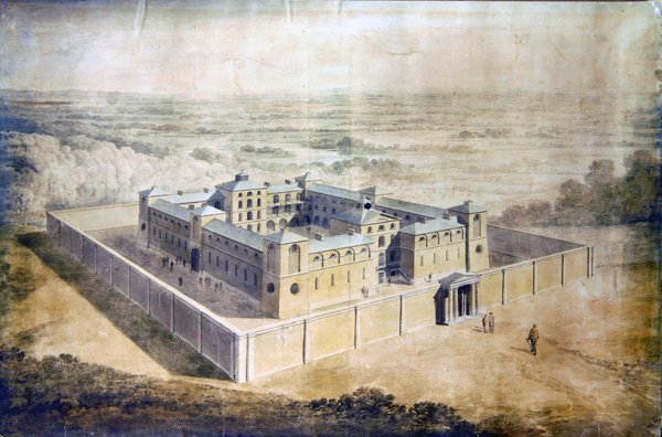 नव-शास्त्रीय जेल के लिए डिज़ाइन, c.1790 (कागज पर जल रंग) द्वारा अंग्रेजी स्कूल