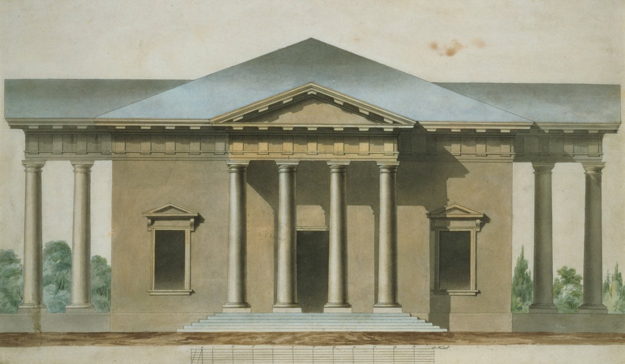 एक टस्कन डोरिक गार्डन मंडप के लिए डिजाइन, c.1830 (कागज पर wc और कलम और स्याही) द्वारा अंग्रेजी स्कूल