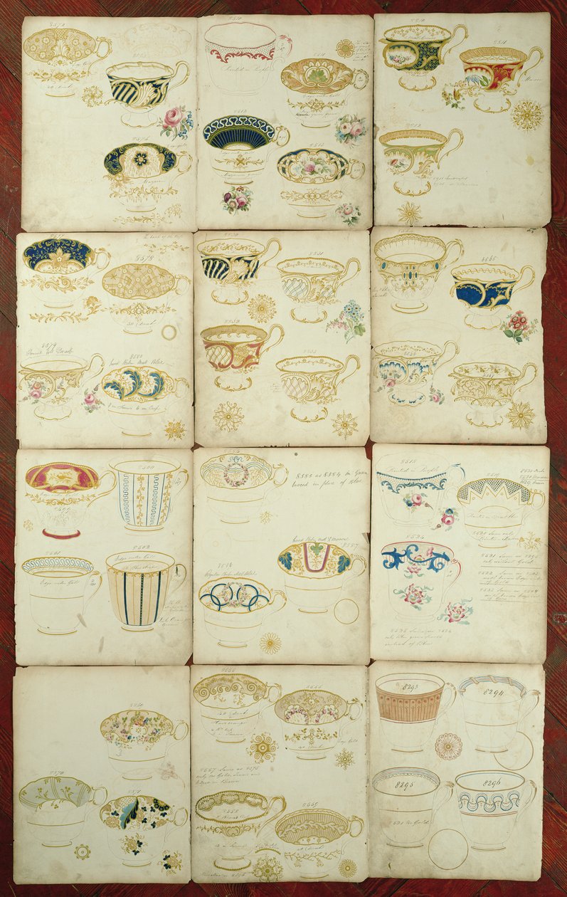 डैनियल फैक्ट्री, स्टैफ़ोर्डशायर, c.1845 (कागज पर gouache, wc और स्याही) में उत्पादित चायपत्ती के लिए डिज़ाइन द्वारा अंग्रेजी स्कूल
