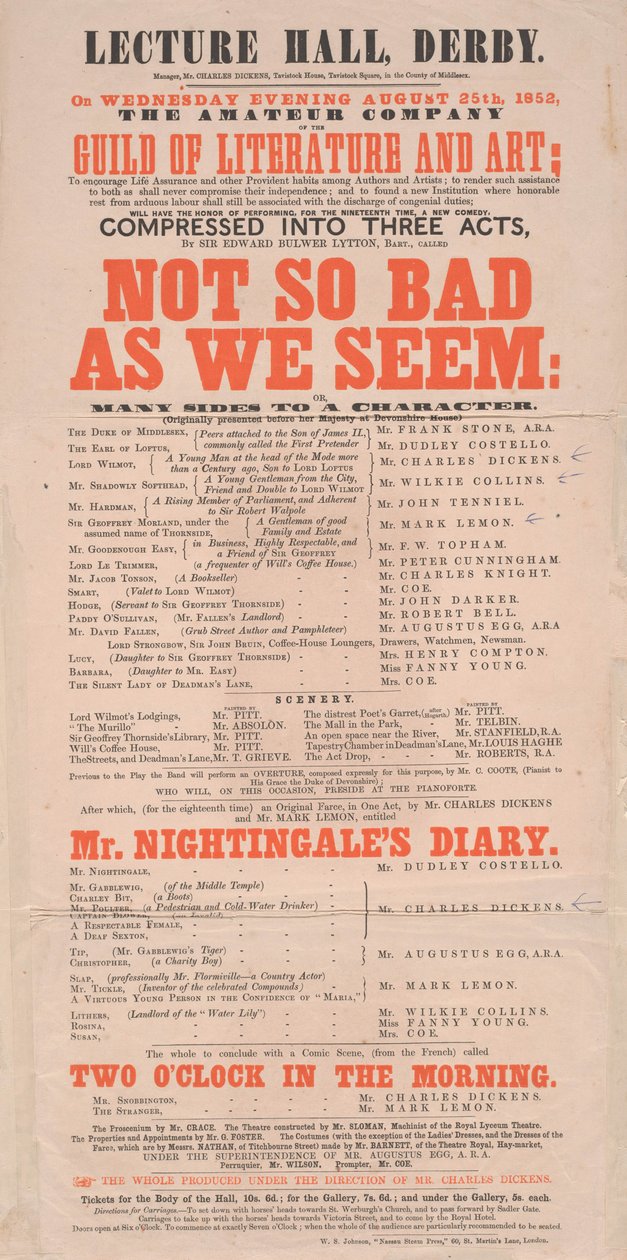 डिकेन्स प्लेबिल: नॉट बैड ऐज वी सेम एट लेक्चर हॉल, डर्बी, 25 अगस्त 1852 का कार्यक्रम द्वारा अंग्रेजी स्कूल