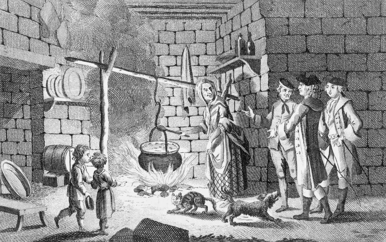 जेम्स बॉवेल, 1775 द्वारा &39;द लाइफ ऑफ जॉनसन&39; से डॉ। सैमुअल जॉनसन का परिचय एक हाईलैंड झोपड़ी से कराया गया द्वारा अंग्रेजी स्कूल