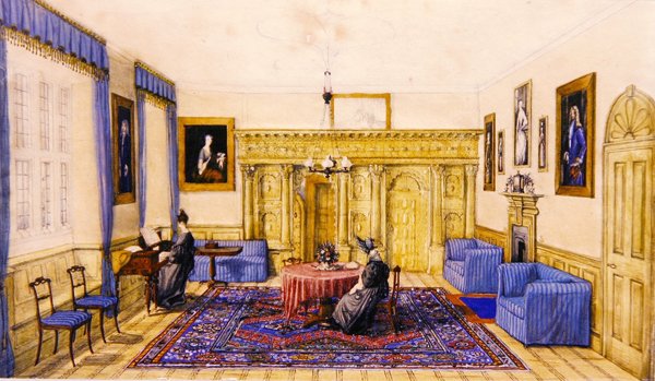 एक देश के घर का ड्राइंग रूम इंटीरियर, c.1830 (कागज पर पानी के रंग का) द्वारा अंग्रेजी स्कूल