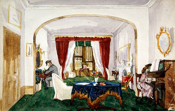 ड्राइंग रूम इंटीरियर, पियानो में महिला, गेंदबाज टोपी लेखन में पुरुष, c.1850 (कागज पर पानी के रंग का) द्वारा अंग्रेजी स्कूल