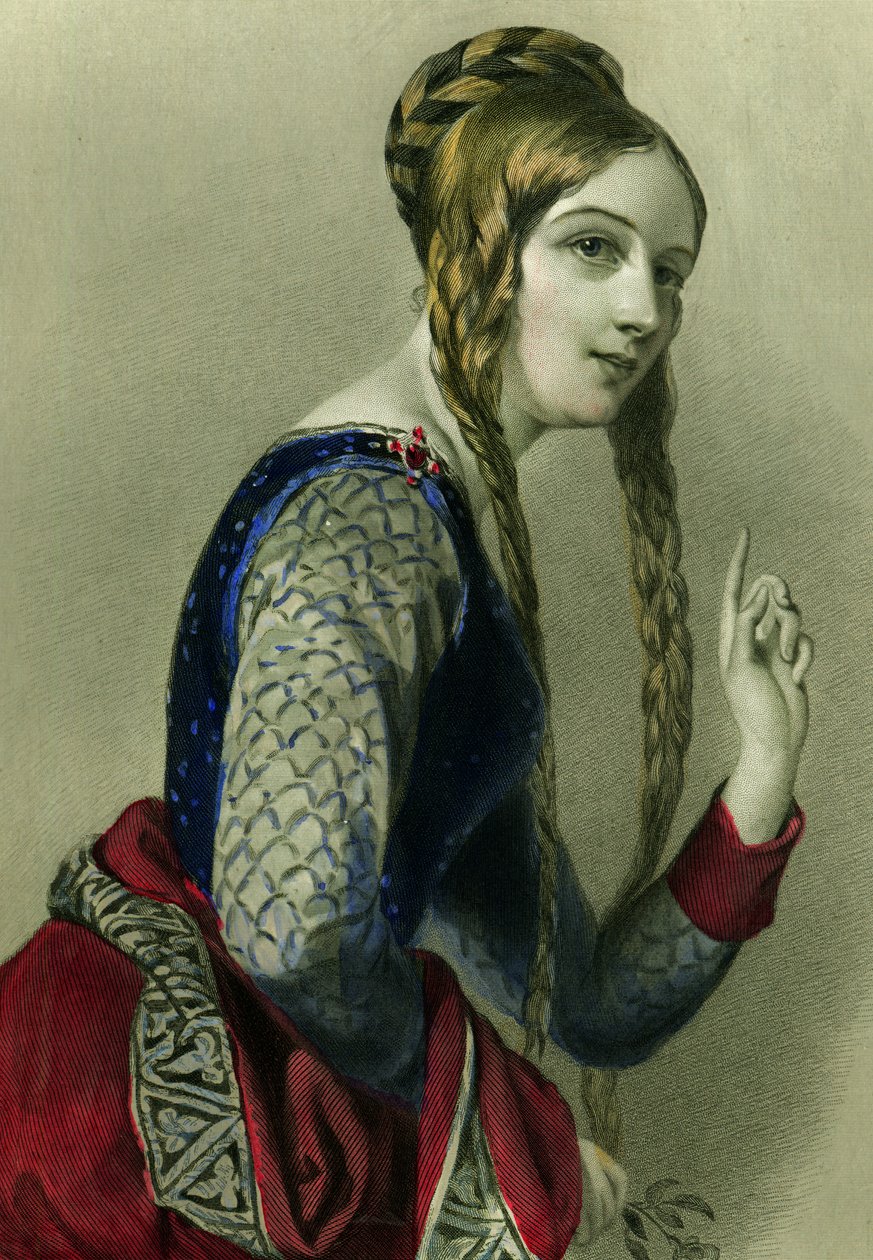 एक्विटेन, हेनरी द्वितीय की रानी, हेनरी जी। बोहेन द्वारा मुद्रित, 1856 (रंग उत्कीर्णन) द्वारा अंग्रेजी स्कूल