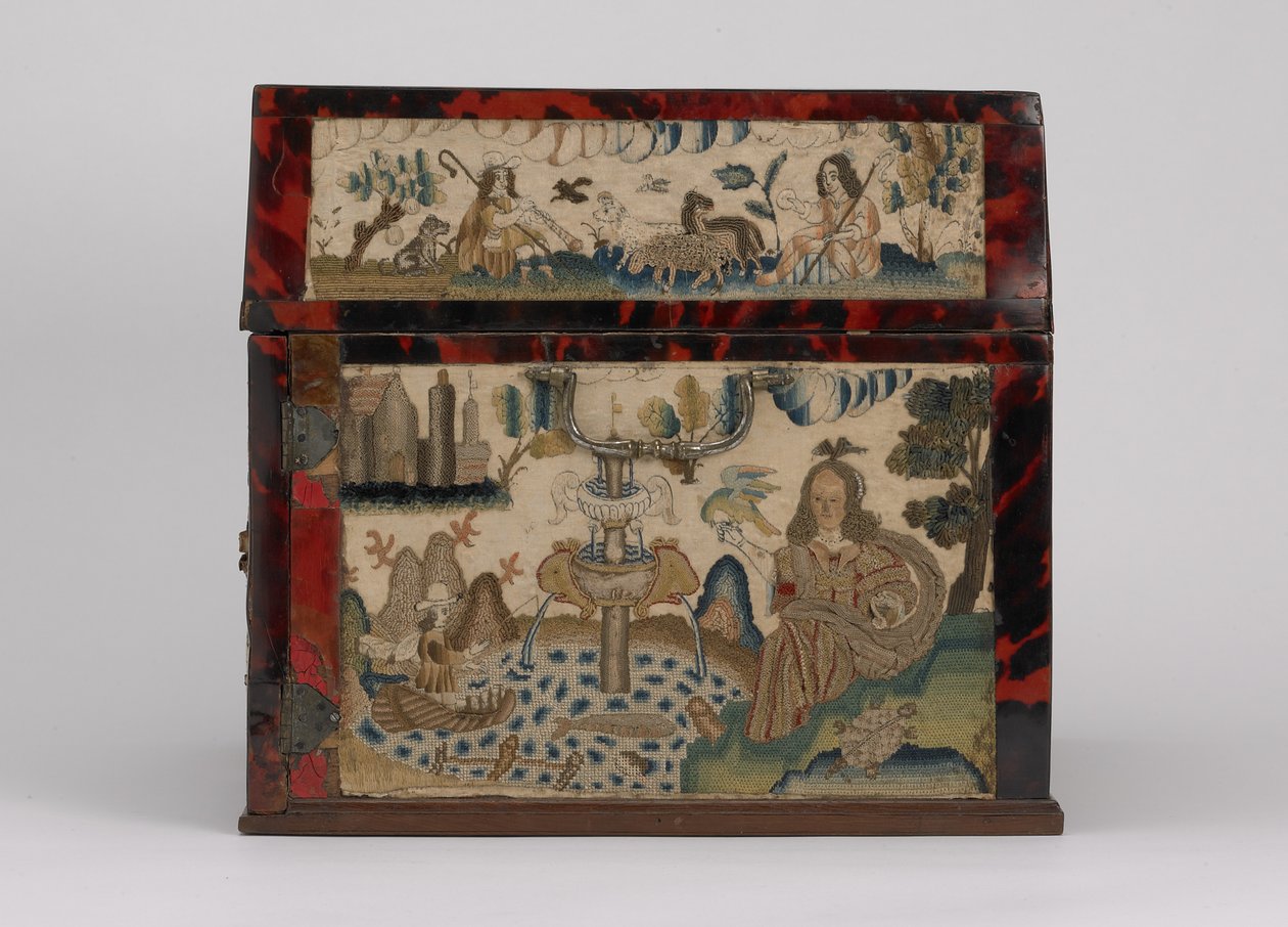 कशीदाकारी कास्केट, c.1660 (रेशम, कैनवास, लकड़ी, कछुआ और चांदी के माउंट) द्वारा अंग्रेजी स्कूल
