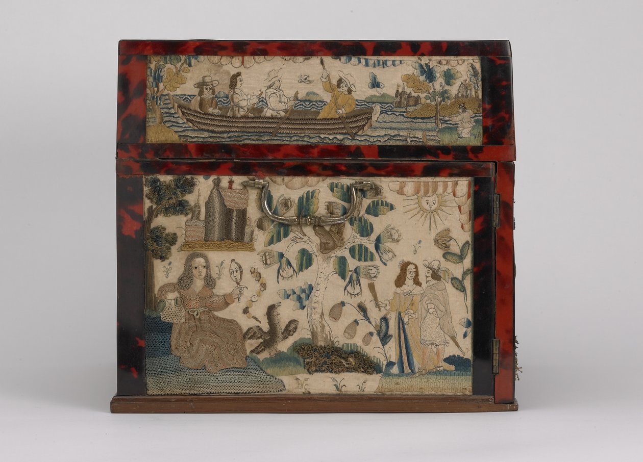 कशीदाकारी कास्केट, c.1660 (रेशम, कैनवास, लकड़ी, कछुआ और चांदी की कलगी) द्वारा अंग्रेजी स्कूल