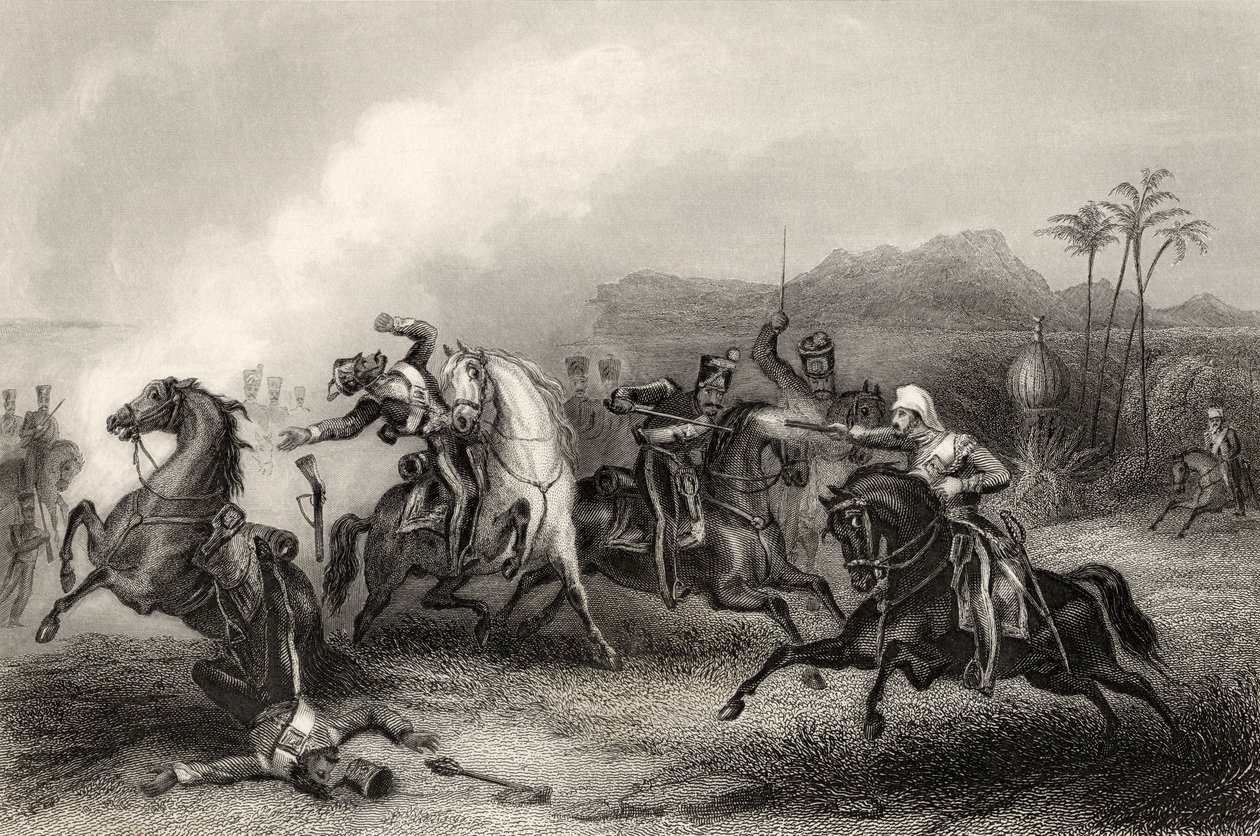 1858 में प्रकाशित &39;द हिस्ट्री ऑफ द इंडियन म्यूटिनी&39; से, बेवॉन्ग लेफ्टिनेंट हिल्स और सिपाही कैवलरी का एक शरीर द्वारा अंग्रेजी स्कूल