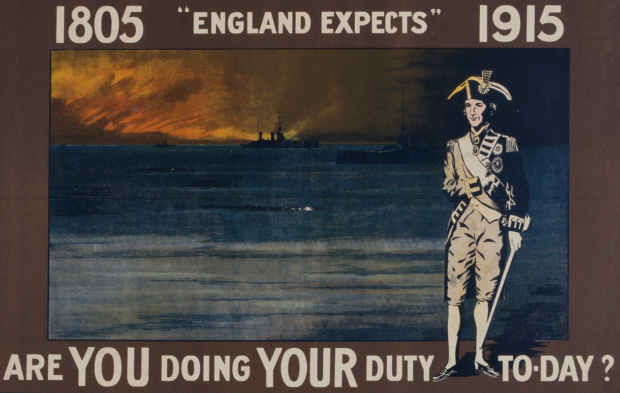 'इंग्लैंड को उम्मीद है - क्या आप आज अपना कर्तव्य निभा रहे हैं?', WWI पोस्टर (कलर लिथो) द्वारा अंग्रेजी स्कूल