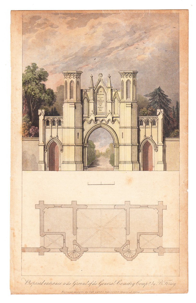 द लेडी मैगज़ीन द्वारा प्रकाशित हाईगेट कब्रिस्तान में प्रवेश, लगभग 1839। द्वारा अंग्रेजी स्कूल