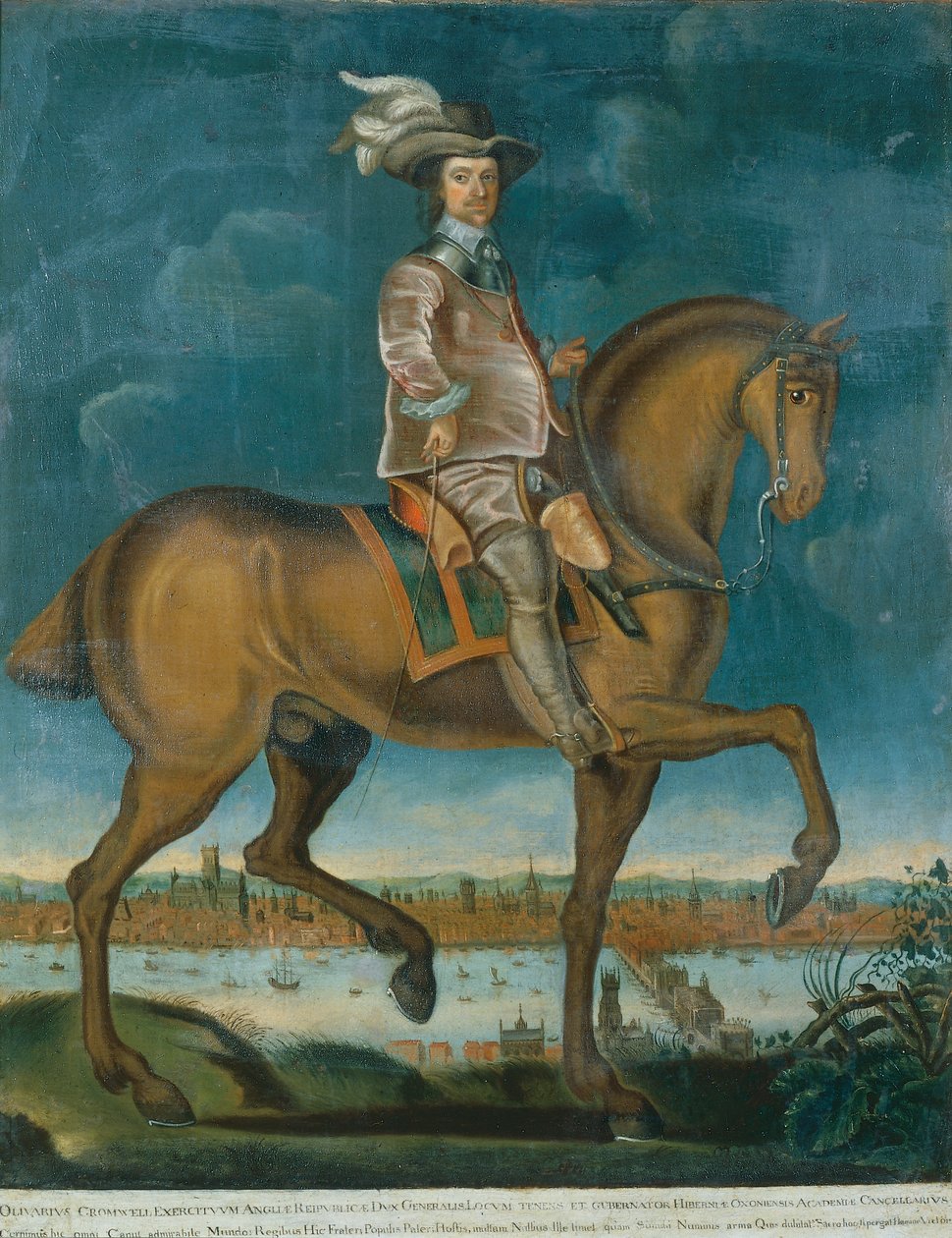 ओलिवर क्रॉमवेल का घुड़सवारी चित्र, c.1657 (कैनवास पर तेल) द्वारा अंग्रेजी स्कूल
