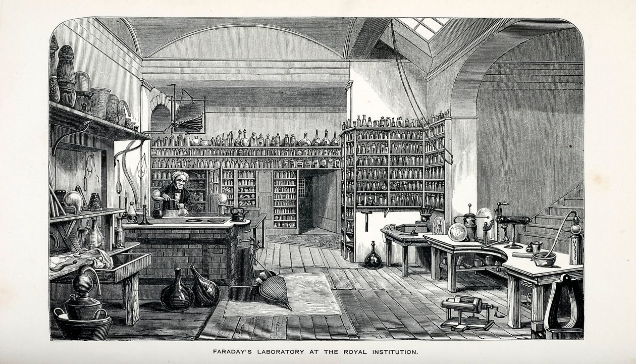 रॉयल इंस्टीट्यूशन, पब में फैराडे की प्रयोगशाला। 1870. द्वारा अंग्रेजी स्कूल