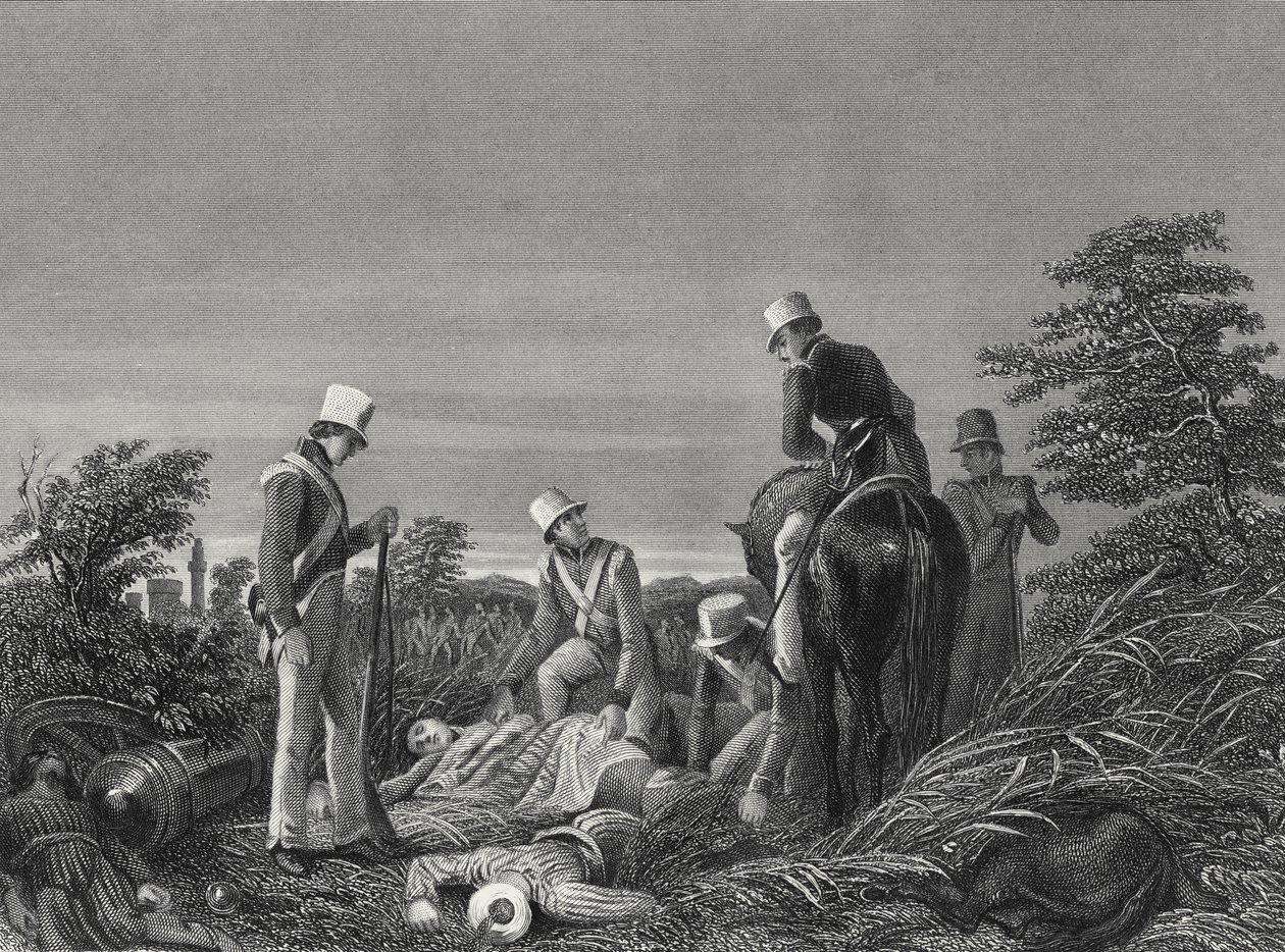चिल्लियांवाला की लड़ाई के बाद 24वीं रेजिमेंट के रंग ढूँढना, c.1850 (उत्कीर्णन) द्वारा अंग्रेजी स्कूल