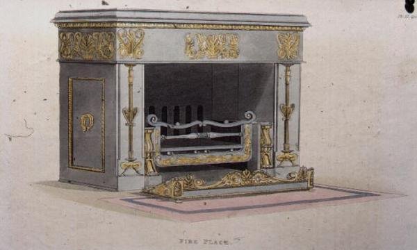 फायर प्लेट, प्लेट 152, कला के एकरमैन के भंडार से, 1825 में प्रकाशित (रंग लिथो) द्वारा अंग्रेजी स्कूल