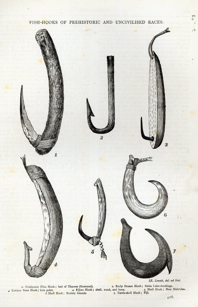 प्रागैतिहासिक और असभ्य जातियों की मछली-हुक, &39;आराम का समय&39;, 1888 (उत्कीर्णन) से द्वारा अंग्रेजी स्कूल