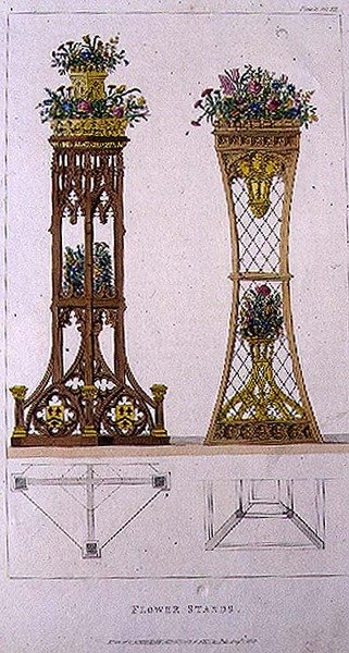 फ्लावर स्टैंड, प्लेट 163 एकरमैन्स रिपोजिटरी ऑफ आर्ट्स से, 1809-28 प्रकाशित (कलर लिथो) द्वारा अंग्रेजी स्कूल