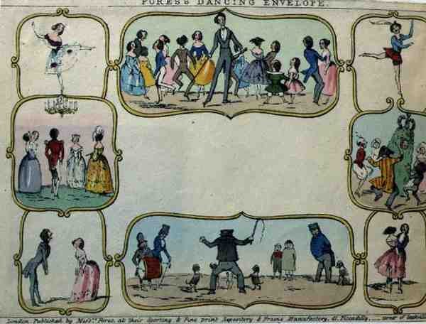 फ़ोर्स डांसिंग लिफ़ाफ़ा, पब। मेसर्स फ़ोर्स द्वारा, c.1840 (रंगीन उत्कीर्णन) द्वारा अंग्रेजी स्कूल