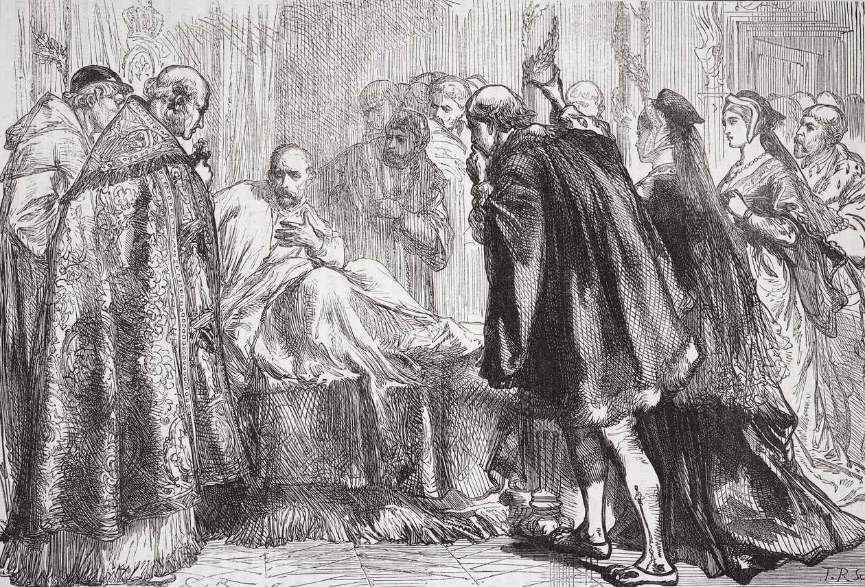 फ्रांसिस I अपनी मृत्यु बिस्तर पर, जेम्स एइटकेन वायली (1808-1890), पब द्वारा द हिस्ट्री ऑफ़ प्रोटेस्टेंटिज़्म का चित्रण। 1878 द्वारा अंग्रेजी स्कूल