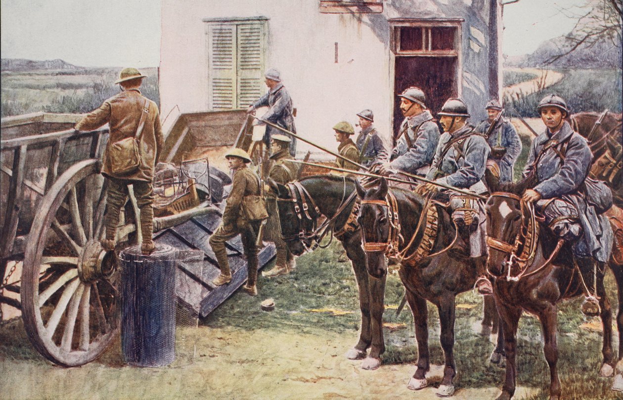 फ्रांसीसी लांसर्स एक गांव चौकी पर पहुंचे, ब्रिटिश सेना की सहायता से, 1914-19 द्वारा अंग्रेजी स्कूल
