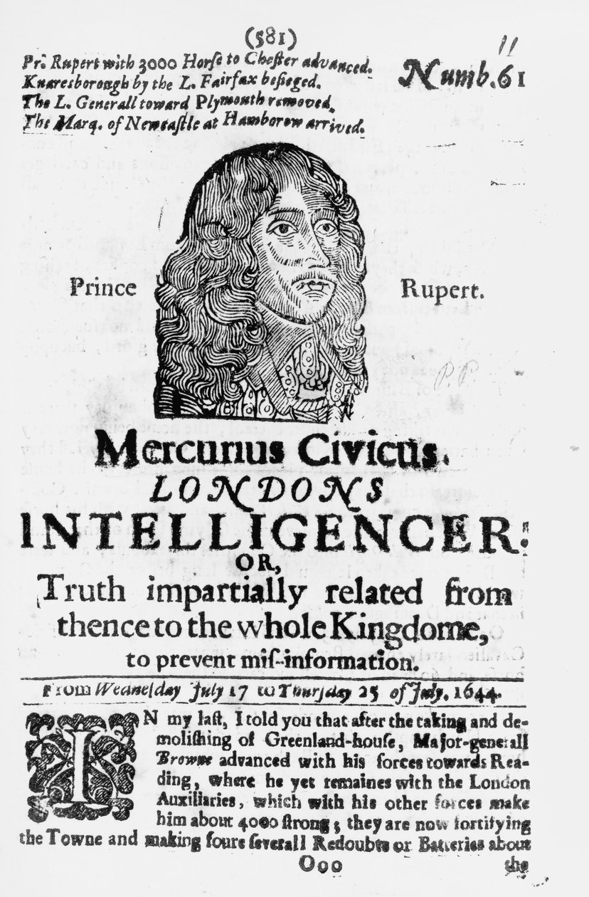 1644 में प्रकाशित Mercurius Civicus का फ्रंट पेज द्वारा अंग्रेजी स्कूल