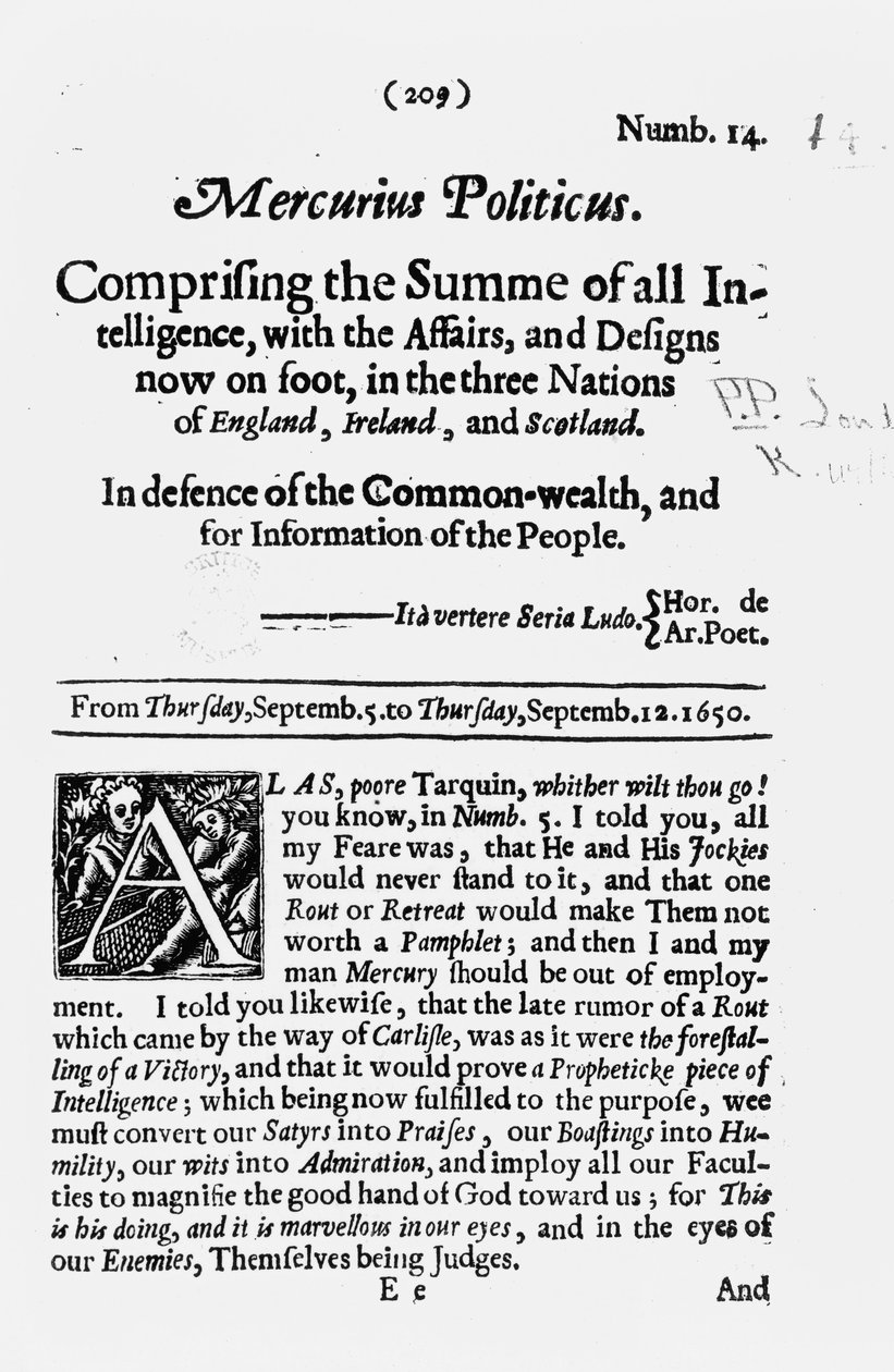 कॉमनवेल्थ की रक्षा और लोगों की जानकारी के लिए, Mercurius Politicus का फ्रंट पेज, 1650 द्वारा अंग्रेजी स्कूल