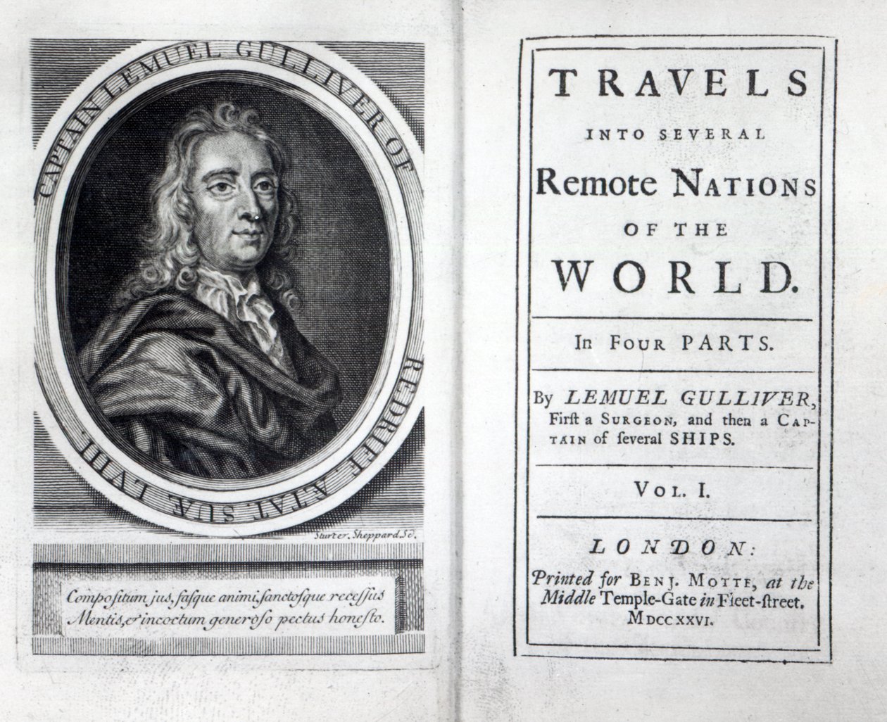 जोनाथन स्विफ्ट, 1726 द्वारा गुलिवर्स ट्रेवल्स के लिए फ्रंटस्पाईज और टाइटलपेज द्वारा अंग्रेजी स्कूल