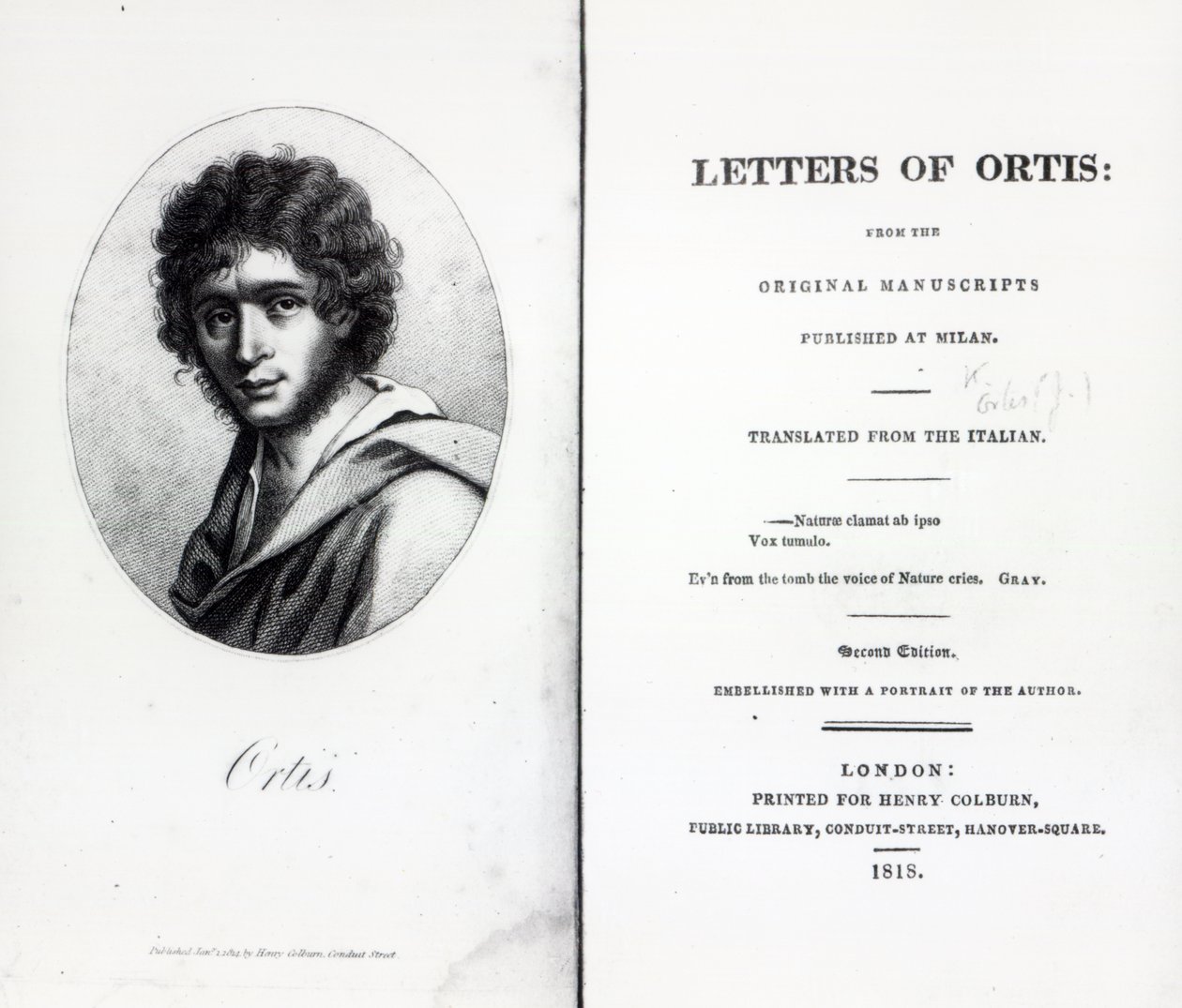 1818 में प्रकाशित निकोलो उगो फोस्कोलो द्वारा ऑर्टिस ऑफ़ द ऑर्टिस को फ्रंटस्पिब्लिस द्वारा अंग्रेजी स्कूल