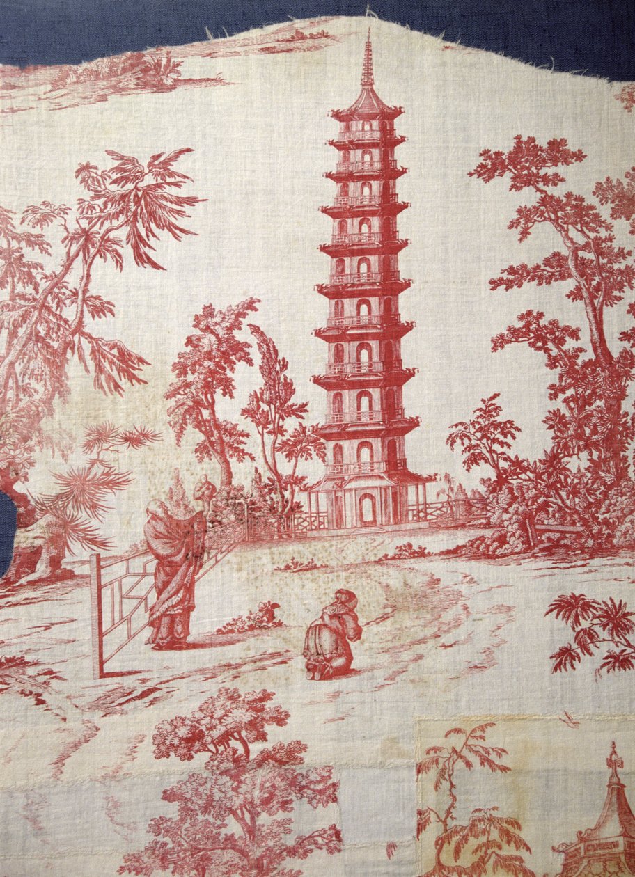 विलियम चैम्बर्स (1723-96) (प्लेट-मुद्रित लिनन और कपास) द्वारा एक शिवालय डिजाइन को शामिल करते हुए उद्यान दृश्य द्वारा अंग्रेजी स्कूल