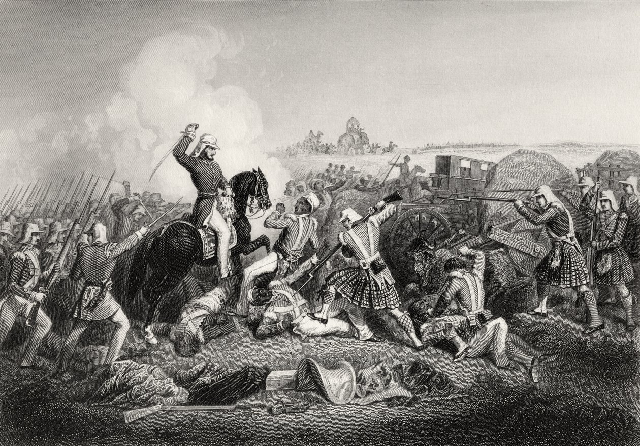 1858 में प्रकाशित &39;द हिस्ट्री ऑफ द इंडियन म्यूटिनी&39; से 1857 में फत्तपोर में नाना साहिब पर जनरल हैवलॉक का हमला। द्वारा अंग्रेजी स्कूल