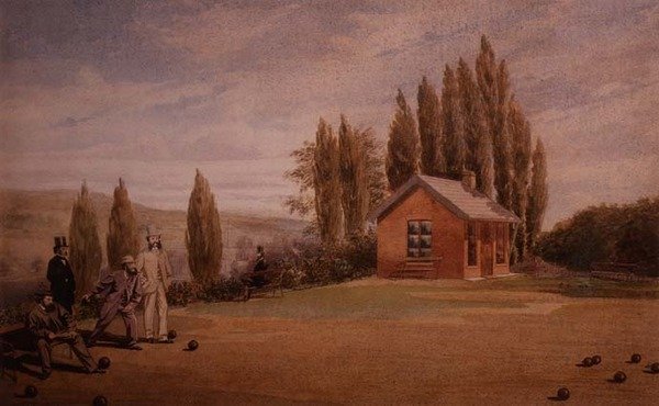 लॉन बाउल्स बजाते हुए सज्जन, c.1880 (कागज पर पानी के रंग का) द्वारा अंग्रेजी स्कूल
