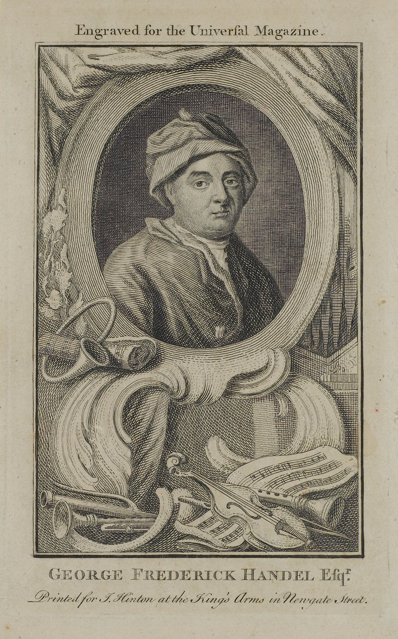 जॉर्ज फ्राइडरिक हैंडेल, यूनिवर्सल मैगज़ीन के लिए उत्कीर्ण, c.1760 द्वारा अंग्रेजी स्कूल