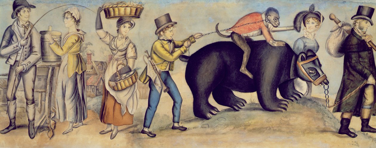 मेले में जाना, एक प्रदर्शन करने वाले भालू और बंदर का विस्तार, c.1815 द्वारा अंग्रेजी स्कूल
