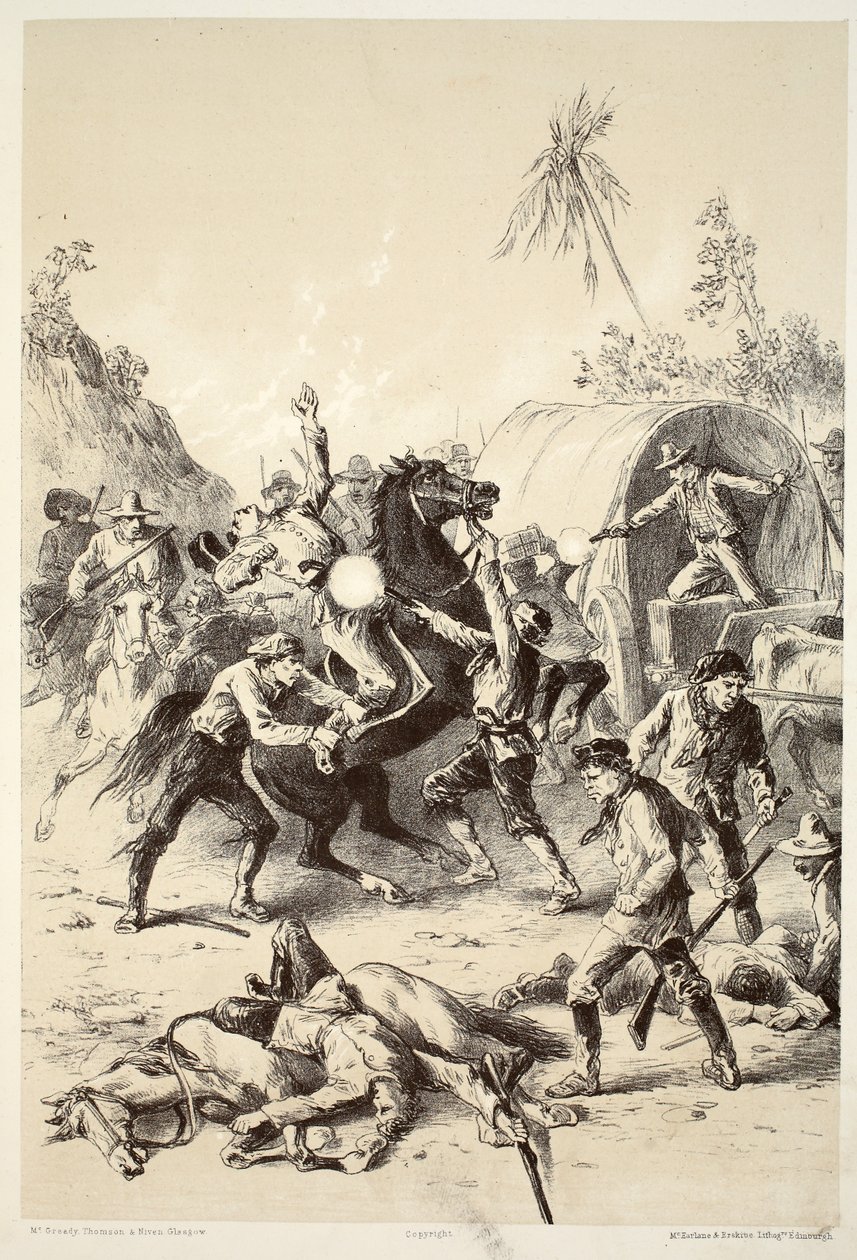 डेविड ब्लेयर, मैकग्रैडी, थॉमसन, और निवेन, 1879 द्वारा द हिस्ट्री ऑफ़ ऑस्ट्रेलेशिया के बुश रेंजर्स द्वारा गोल्ड एस्कॉर्ट पर हमला द्वारा अंग्रेजी स्कूल