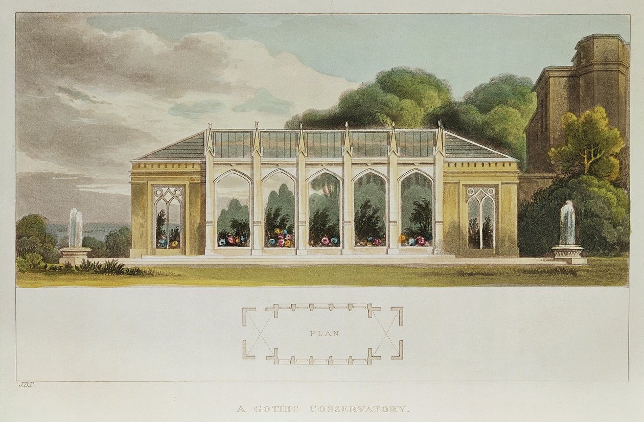 गॉथिक कंज़र्वेटरी, 1832 (रंग उत्कीर्णन) द्वारा अंग्रेजी स्कूल