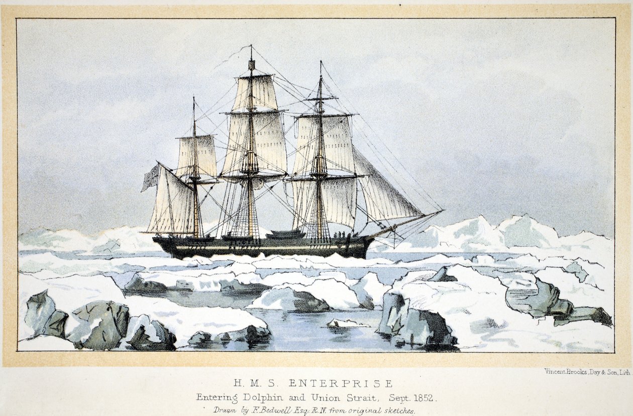 HMS एंटरप्राइज डॉल्फिन और यूनियन स्ट्रेट में प्रवेश, सितंबर 1852 द्वारा अंग्रेजी स्कूल