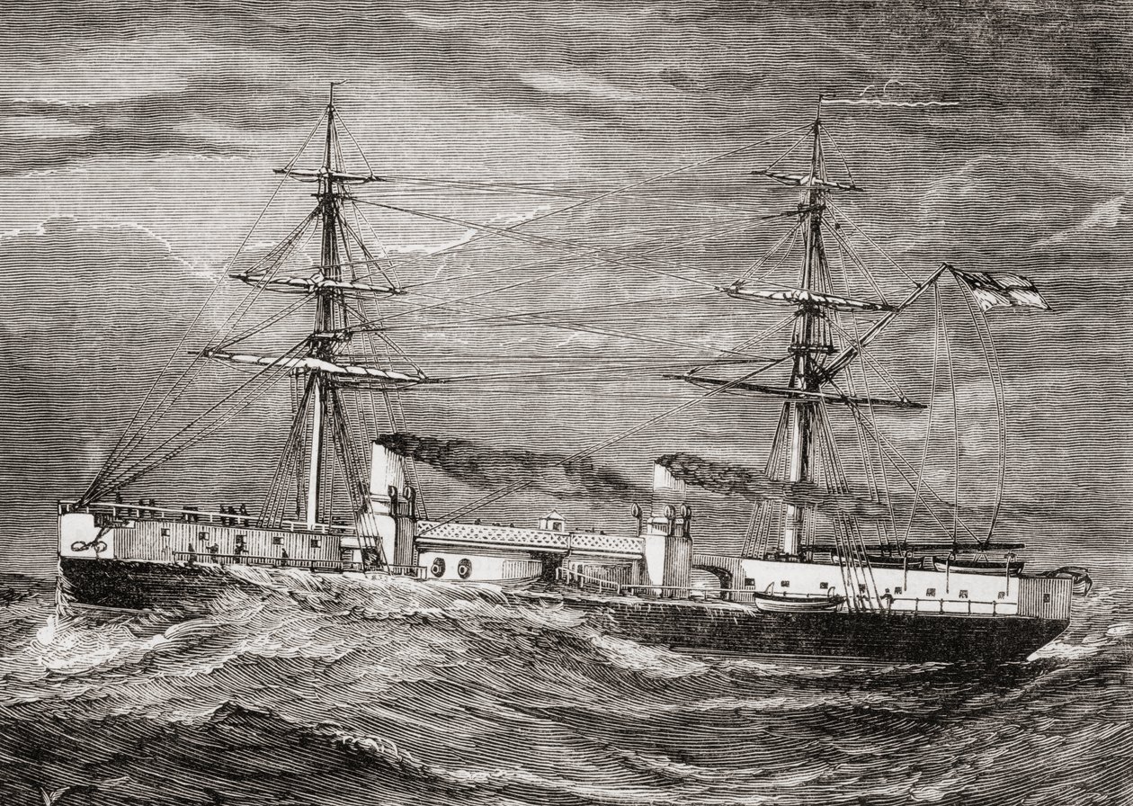 HMS Inflexible, ब्रिटिश रॉयल नेवी के अजेय वर्ग बैटलक्रूज़र, चिल्ड्रन स्पेशल सर्विस मिशन, 1885 द्वारा प्रकाशित &39;हमारी अपनी पत्रिका&39; से चित्रण द्वारा अंग्रेजी स्कूल