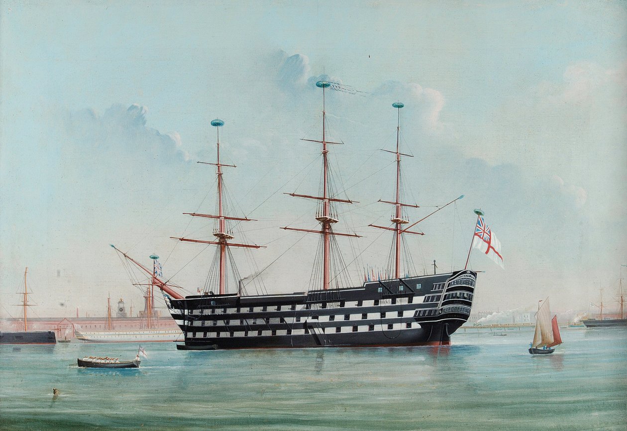 पोर्ट्समाउथ हार्बर में एचएमएस विजय, c.1860 द्वारा अंग्रेजी स्कूल