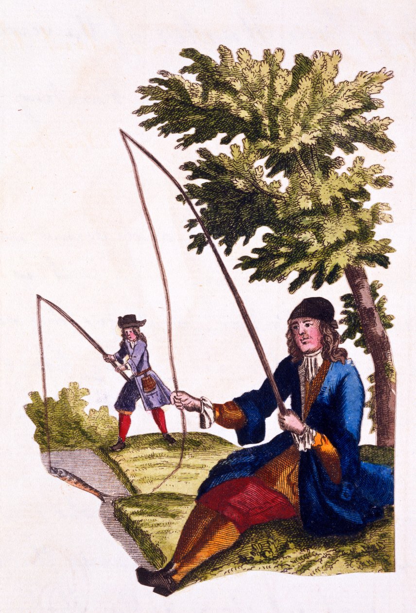 एक सज्जन की आदतें - मछली पकड़ना, 1690 (हाथ से रंग की नक्काशी) द्वारा अंग्रेजी स्कूल