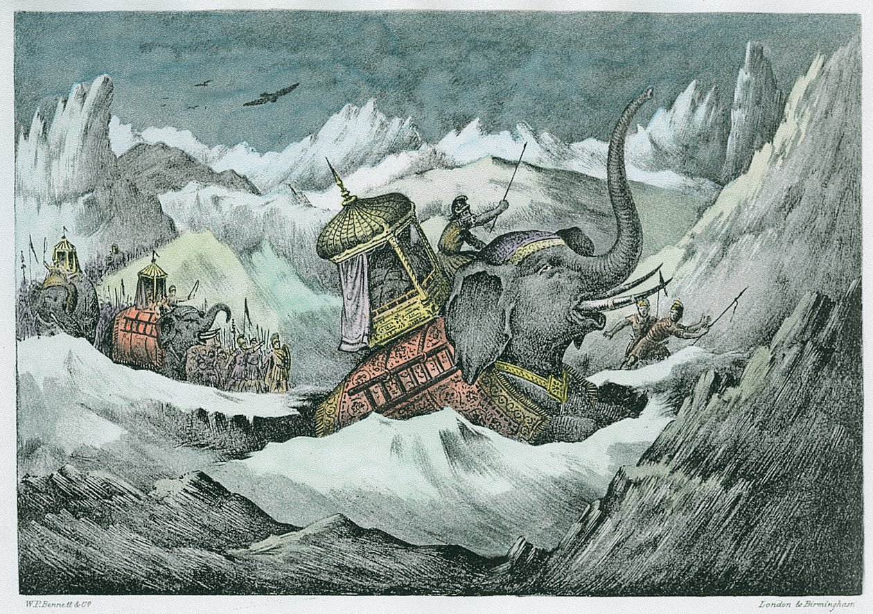 हन्नीबल (247-c.183 ईसा पूर्व) और उनके युद्ध के हाथी आल्प्स को पार करते हुए (बाद में बस्ती) द्वारा अंग्रेजी स्कूल