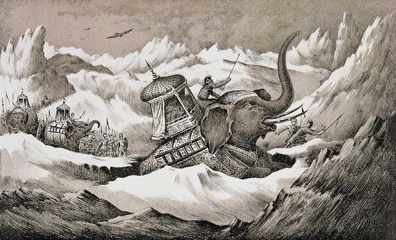 हन्नीबल (247-c.183 ईसा पूर्व) और उनके युद्ध के हाथियों ने आल्प्स को पार किया द्वारा अंग्रेजी स्कूल