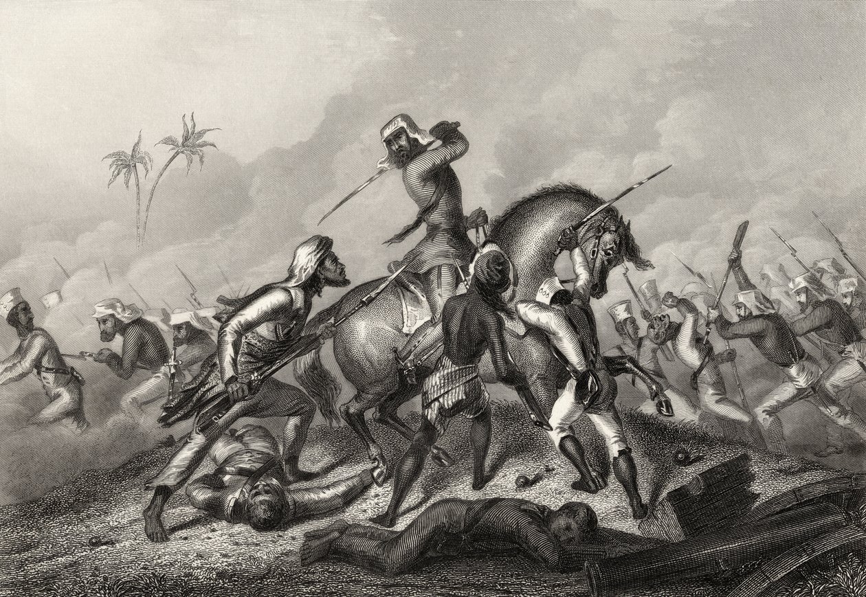 1858 में प्रकाशित &39;द हिस्ट्री ऑफ द इंडियन म्यूटिनी&39; से Cawnpore से पहले म्यूटिनर्स पर हमला करने वाले हैवलॉक स्तंभ द्वारा अंग्रेजी स्कूल