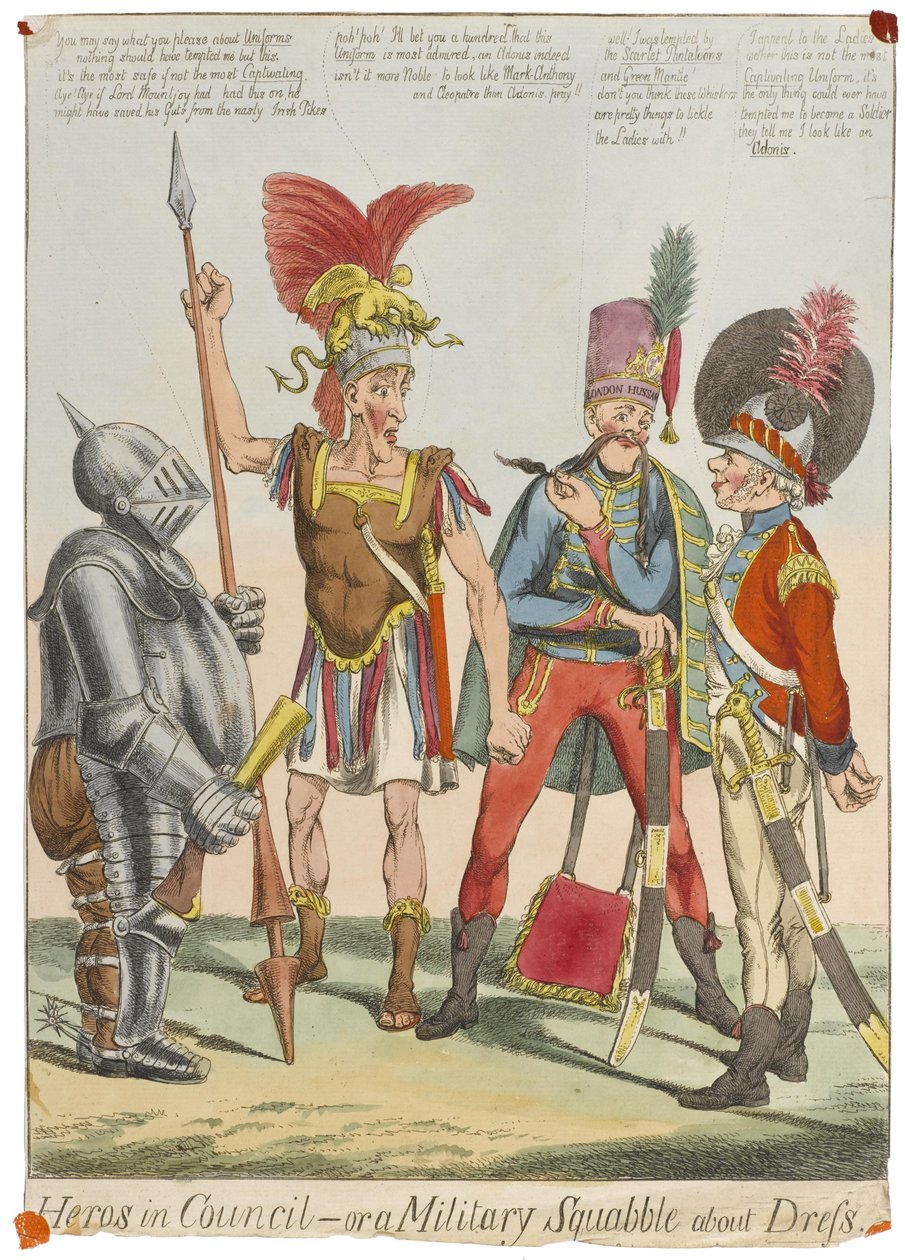 'परिषद में नायक - या पोशाक के बारे में एक सैन्य विवाद', c.1820 (रंगीन उत्कीर्णन) द्वारा अंग्रेजी स्कूल