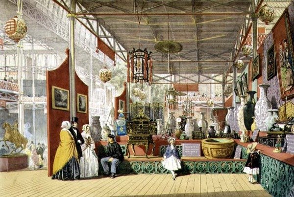 1851 की महान प्रदर्शनी में आंतरिक स्टैंड से हेविट्स चाइना वेयरहाउस, 'डिकिन्सन कॉम्प्रिहेंसिव पिक्चर्स' (कलर लिथो) से द्वारा अंग्रेजी स्कूल